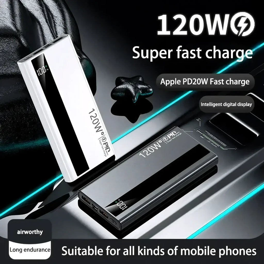 White and black rectangular 120w fast charging power banks with digital displays showing 100% charge and apple pd20w technology