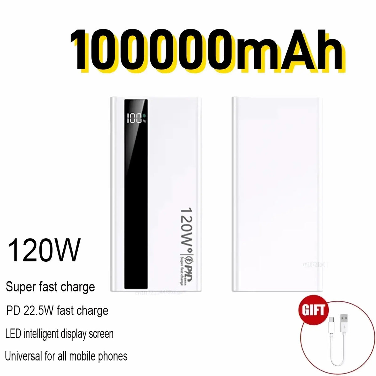White rectangular 120w fast charging power bank with black vertical led display showing 100 percent battery level and pd fast charging