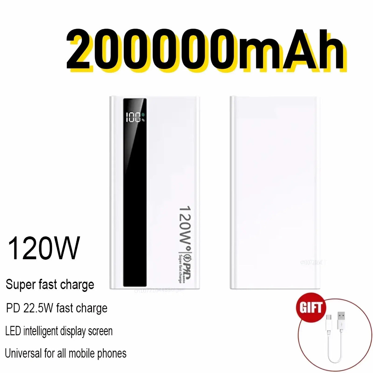 White rectangular power bank with 120w fast charging, digital led display showing 100 percent, 200000mah capacity, pd branding