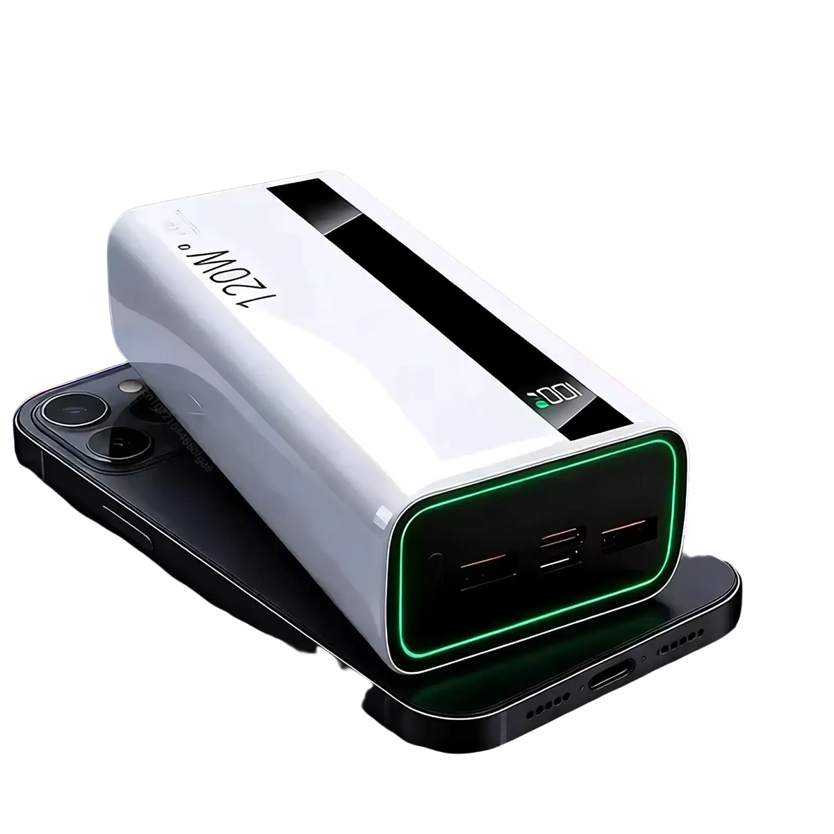 120w fast charging power bank digital display in white with glossy finish green led lighting and black top accents