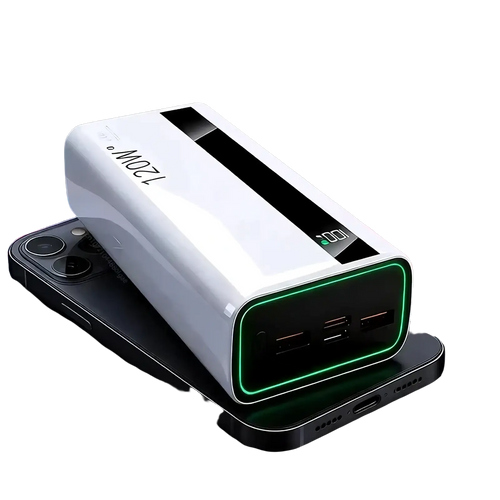 120w fast charging power bank digital display in white with glossy finish green led lighting and black top accents