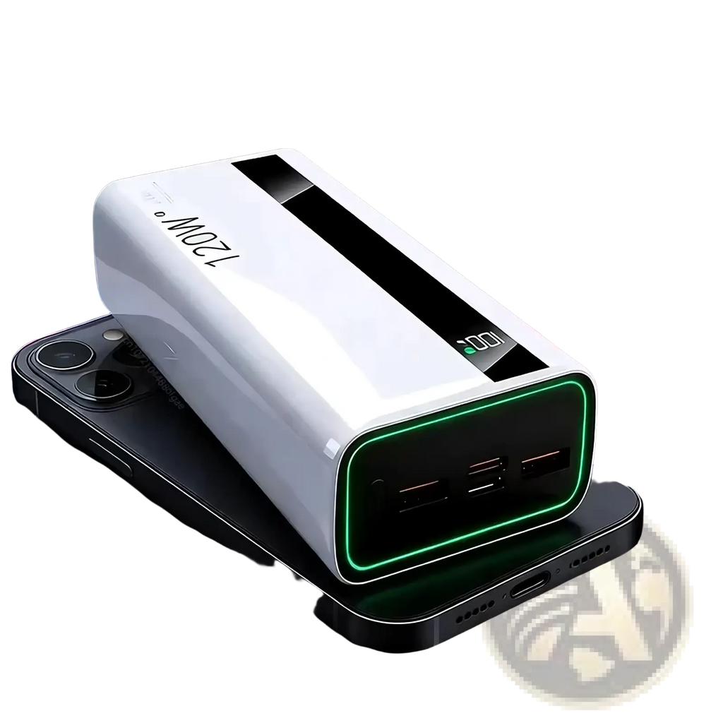 120w fast charging power bank digital display in white with glossy finish green led lighting and black top accents