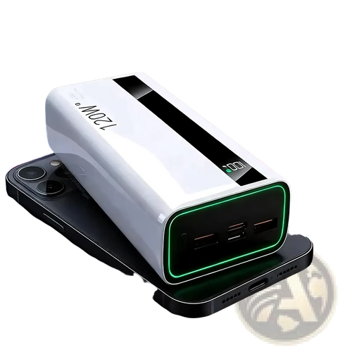 120w fast charging power bank digital display in white with glossy finish green led lighting and black top accents