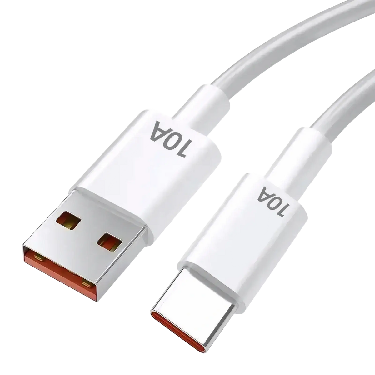 White usb-c to usb-a charging cable with metallic connectors and 70a print for 120w fast charging power bank display