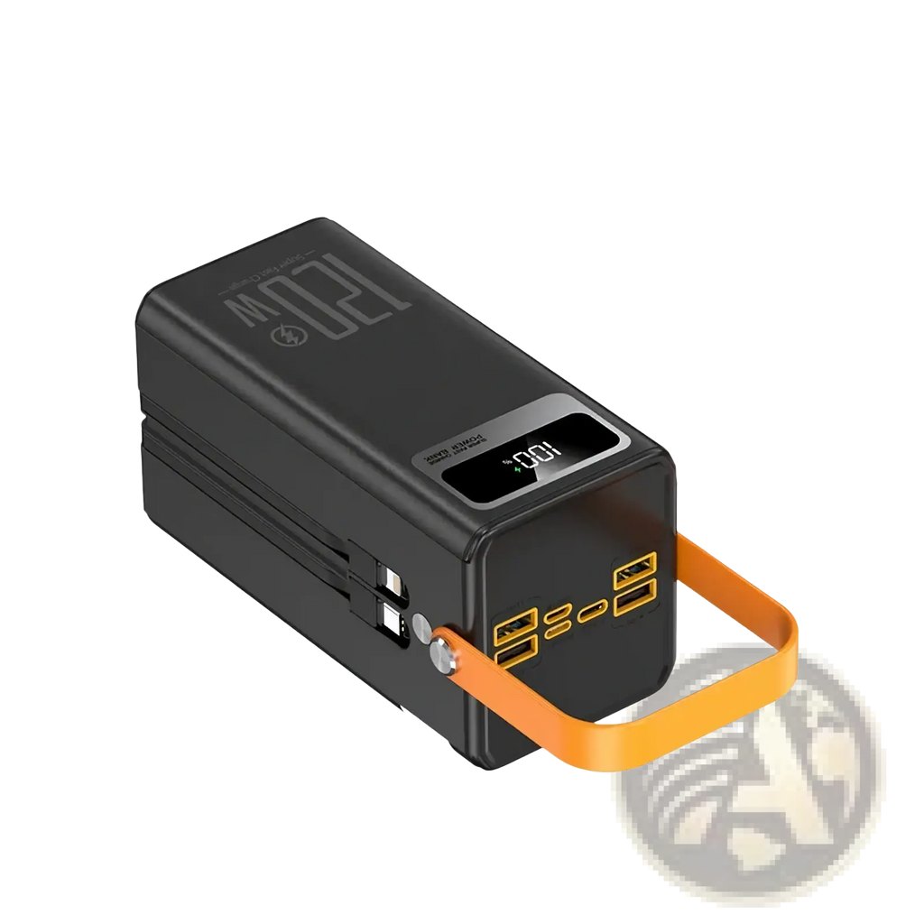 Black rectangular 120w fast charging power bank with orange strap and digital display showing 100 percent charge