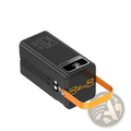 Black rectangular 120w fast charging power bank with orange strap and digital display showing 100 percent charge