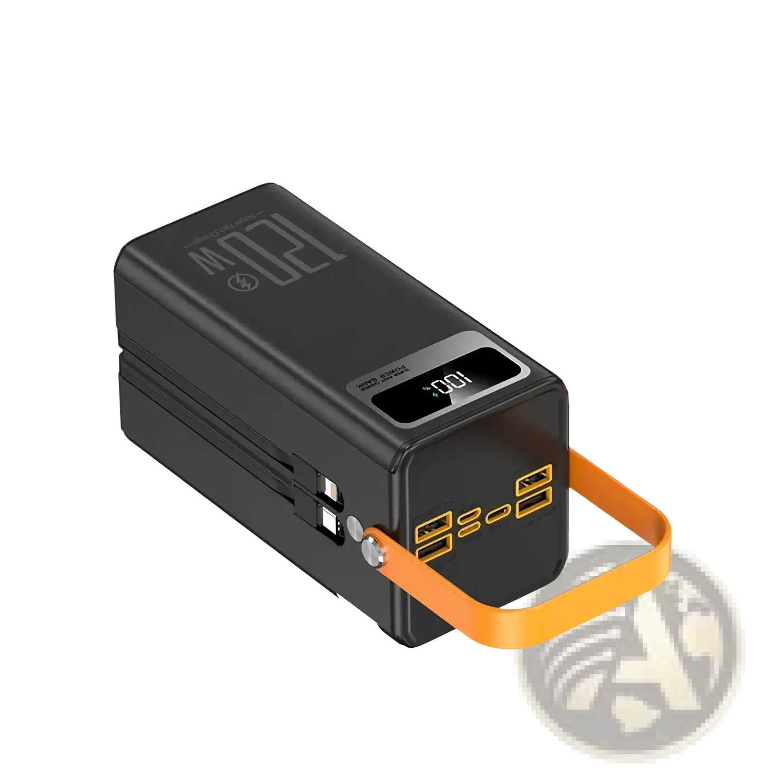 Black rectangular 120w fast charging power bank with orange strap and digital display showing 100 percent charge