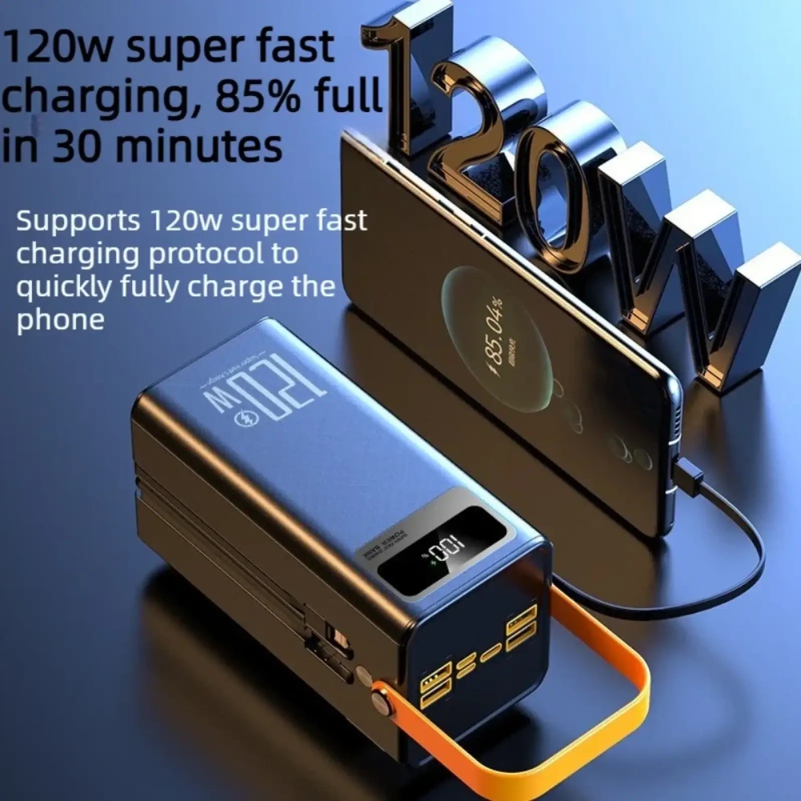 Black and gold 120w super fast charging power bank with large capacity and bright orange carrying strap