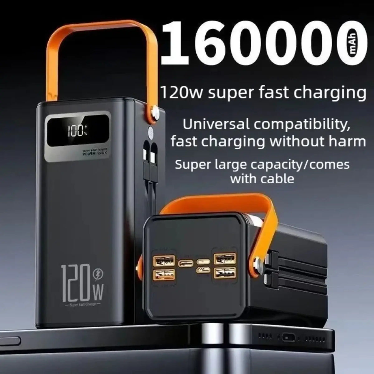 Black portable power bank with orange handle 160000 mah capacity and 120w fast charging multiple usb ports