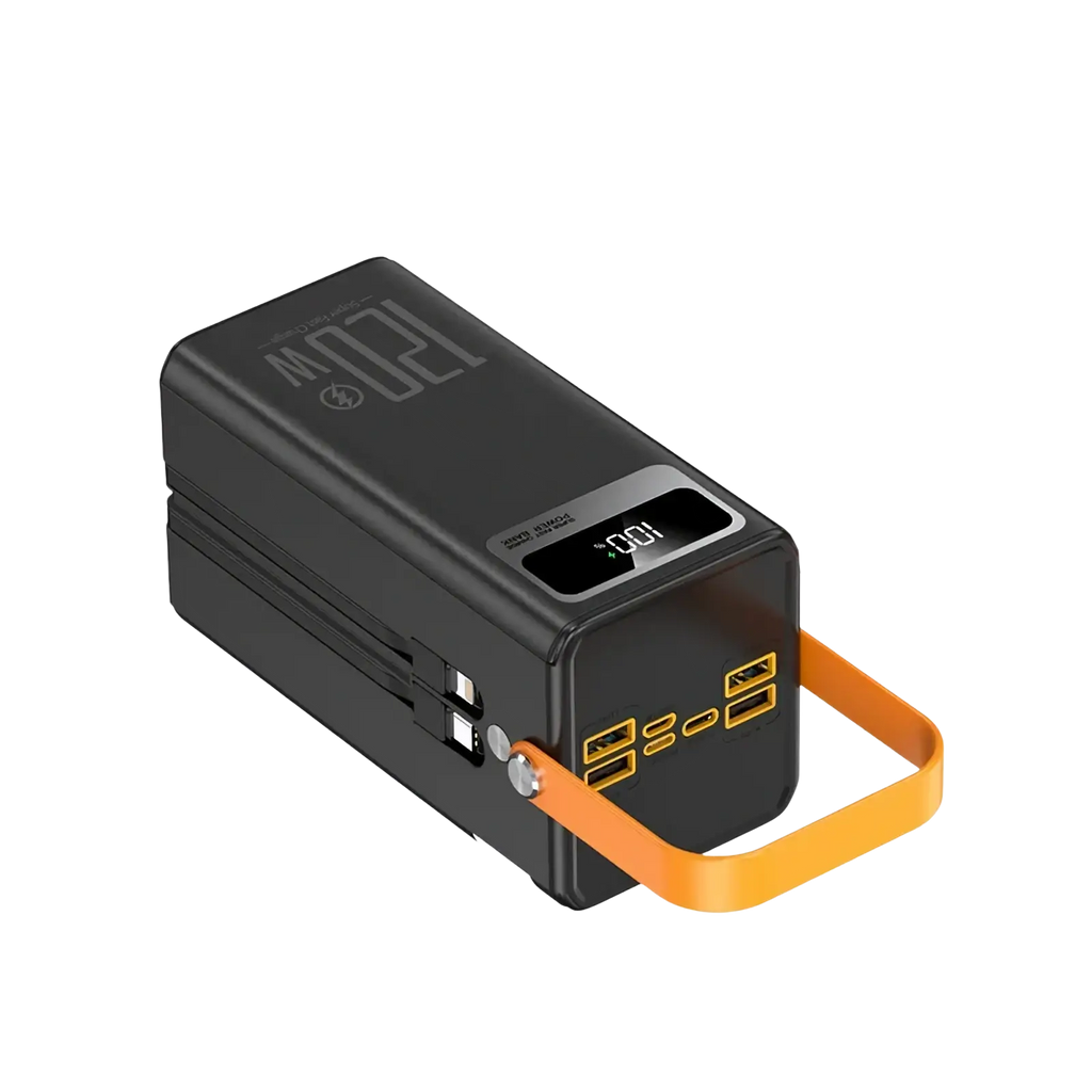Black rectangular 120w fast charging power bank with orange strap and digital display showing 100 percent charge