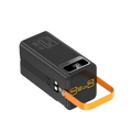 Black rectangular 120w fast charging power bank with orange strap and digital display showing 100 percent charge