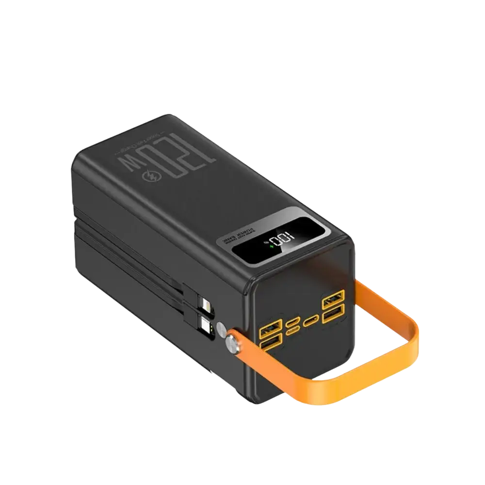 Black rectangular 120w fast charging power bank with large capacity orange carrying strap and digital display at 100%