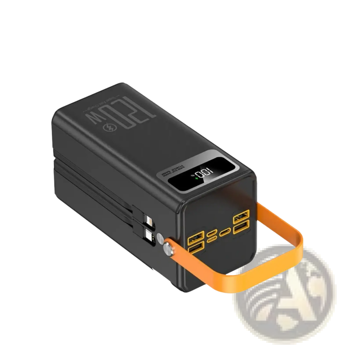 Black rectangular 120w fast charging power bank with large capacity orange carrying strap and digital display at 100%