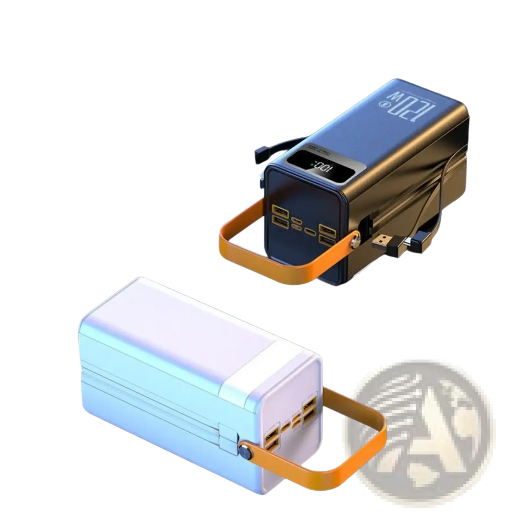 Black and white rectangular 120w fast charging power banks with orange handles and digital charge level displays