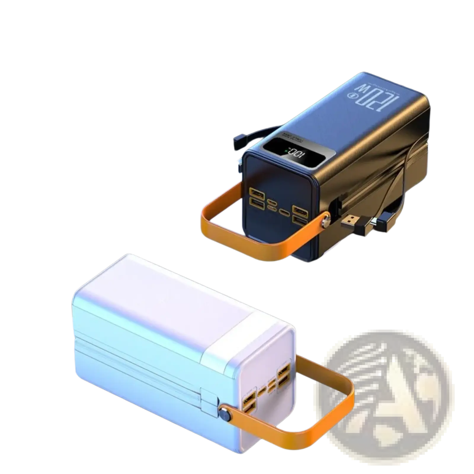 Black and white rectangular 120w fast charging power banks with orange handles and digital charge level displays