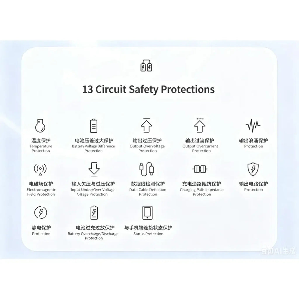 White infographic detailing 13 circuit safety protections for 120w fast charging power bank large capacity adapter