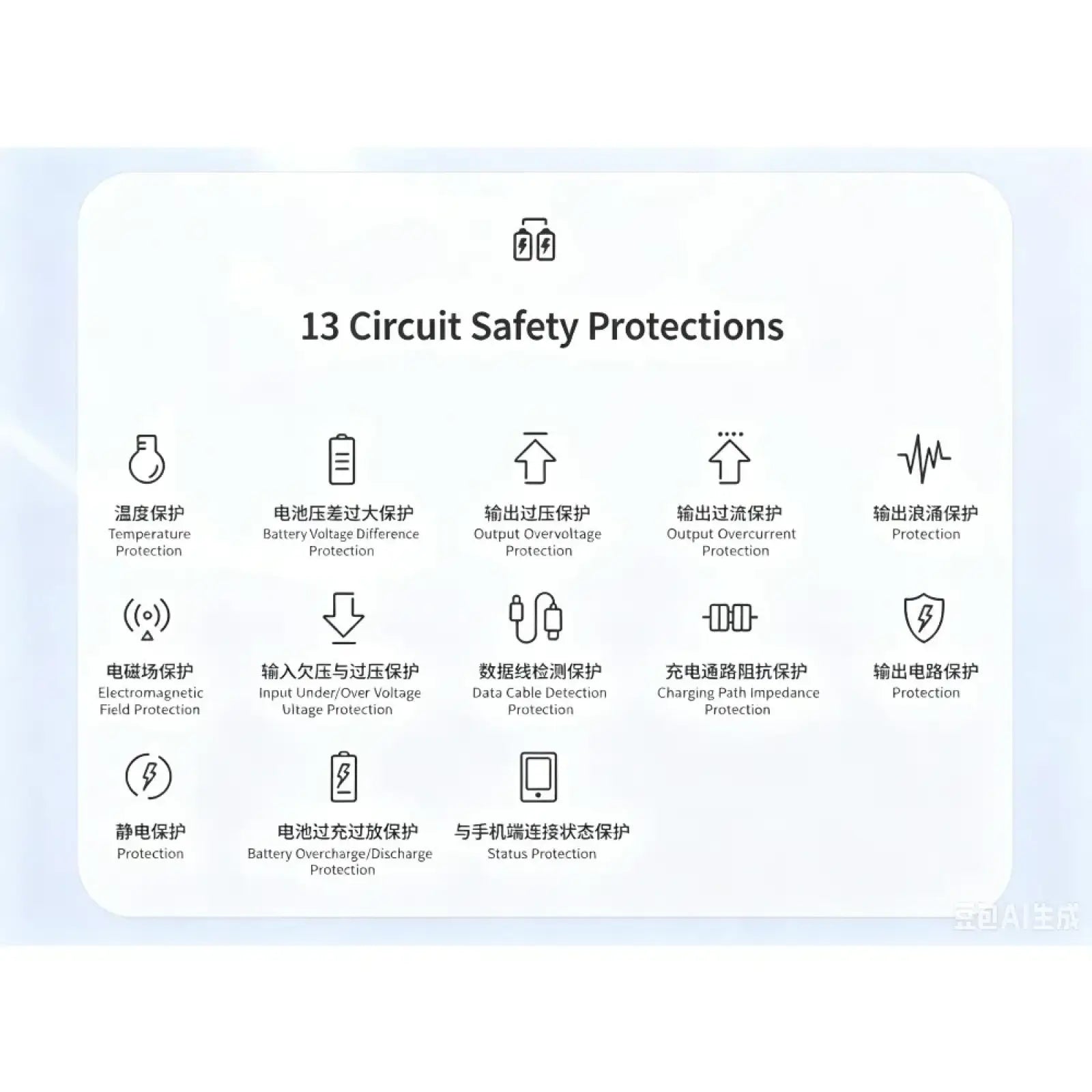 White infographic detailing 13 circuit safety protections for 120w fast charging power bank large capacity adapter