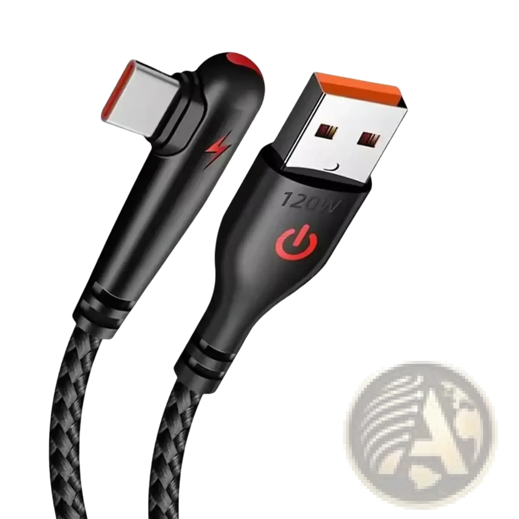 Black braided 120w fast charging usb type c to usb a cable with red accents and super charge branding