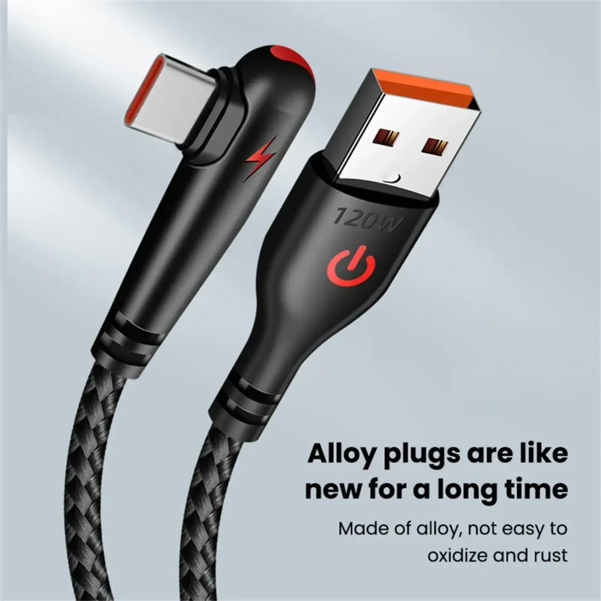Black braided usb-c to usb-a fast charging cable with orange accents and 120w power symbol on the connector