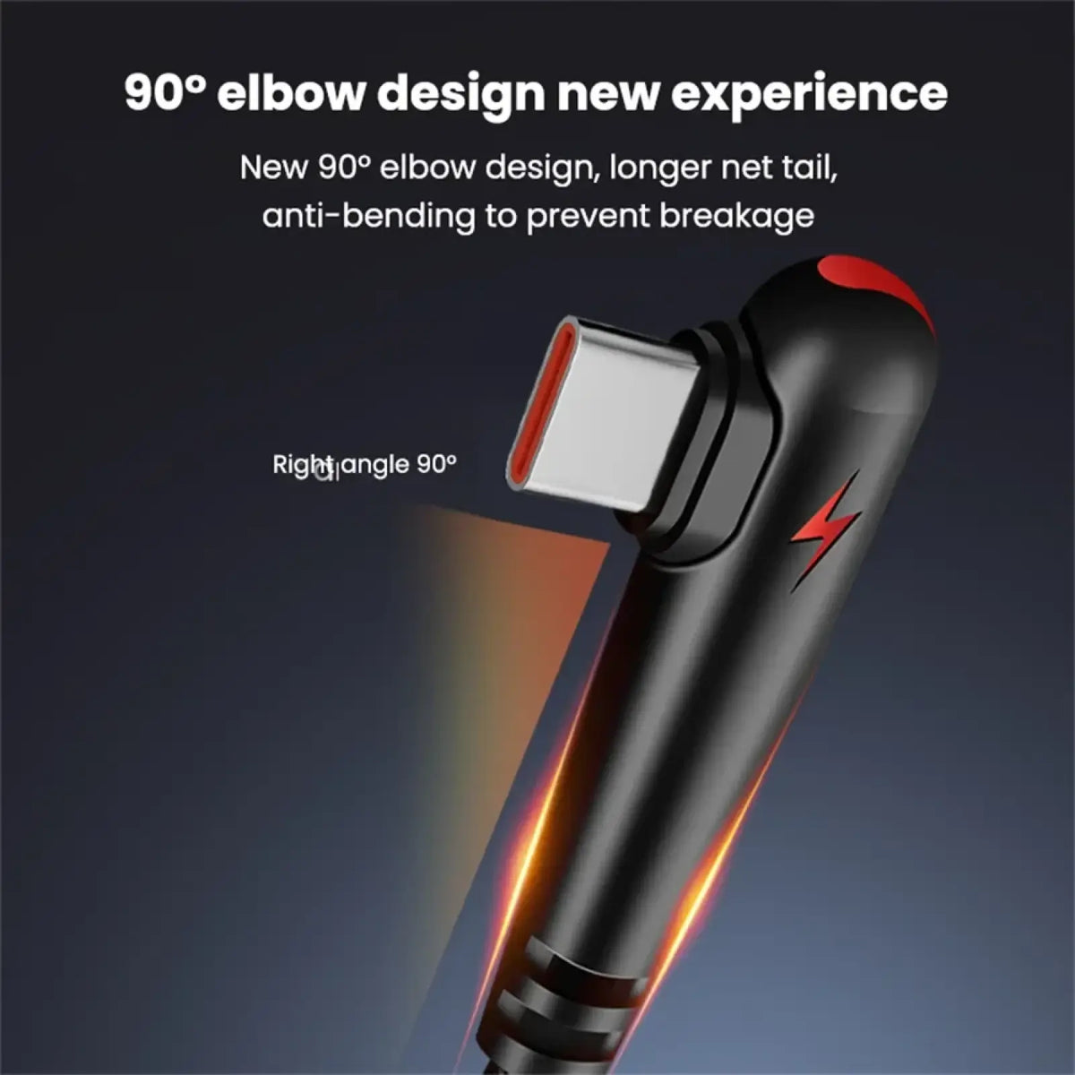 Black and red 120w fast charging usb type c cable with 6a braided cord and 90-degree elbow design