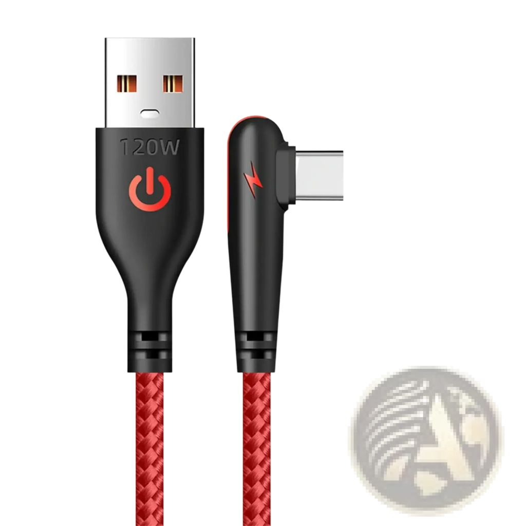Red braided 120w fast charging usb type-c cable with black connectors and power symbol logo for 6a charging