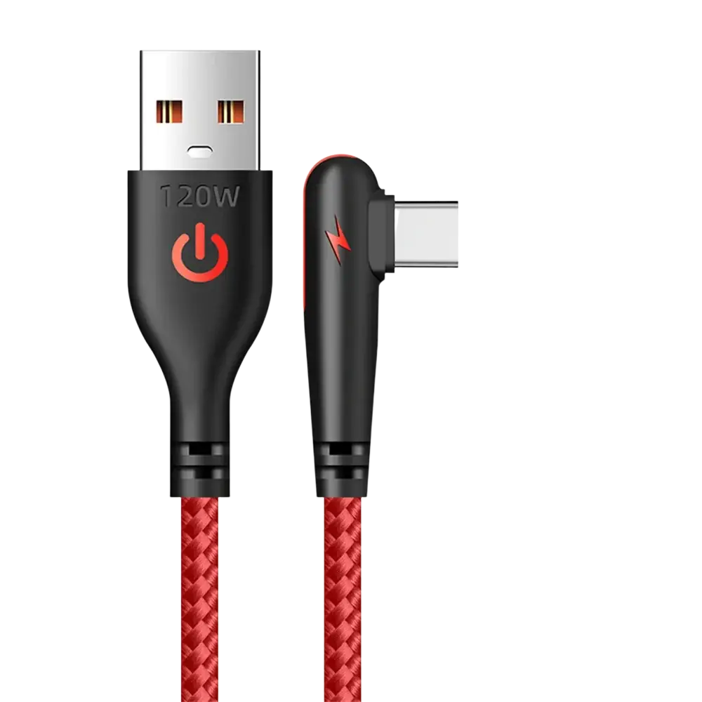 Red braided 120w fast charging usb type-c cable with black connectors and power symbol logo for 6a charging