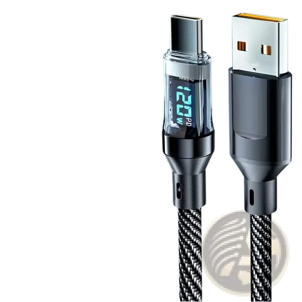 Black and silver 120w fast charging usb a to type c cable with digital display and braided fabric body