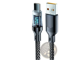 Black and silver 120w fast charging usb a to type c cable with digital display and braided fabric body