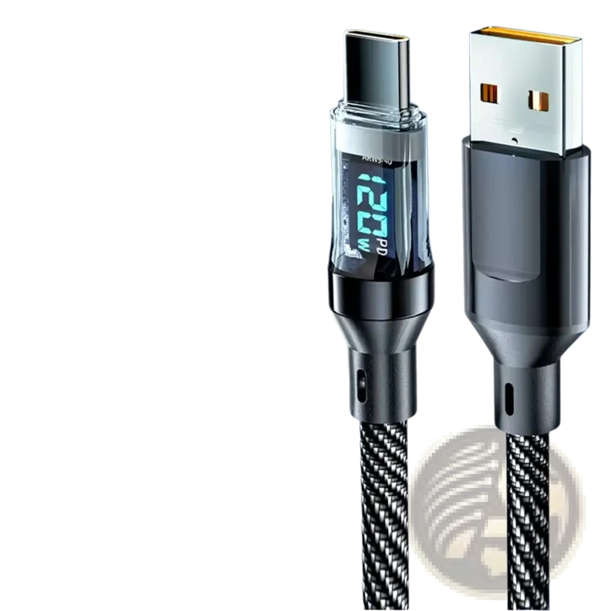 Black and silver 120w fast charging usb a to type c cable with digital display and braided fabric body