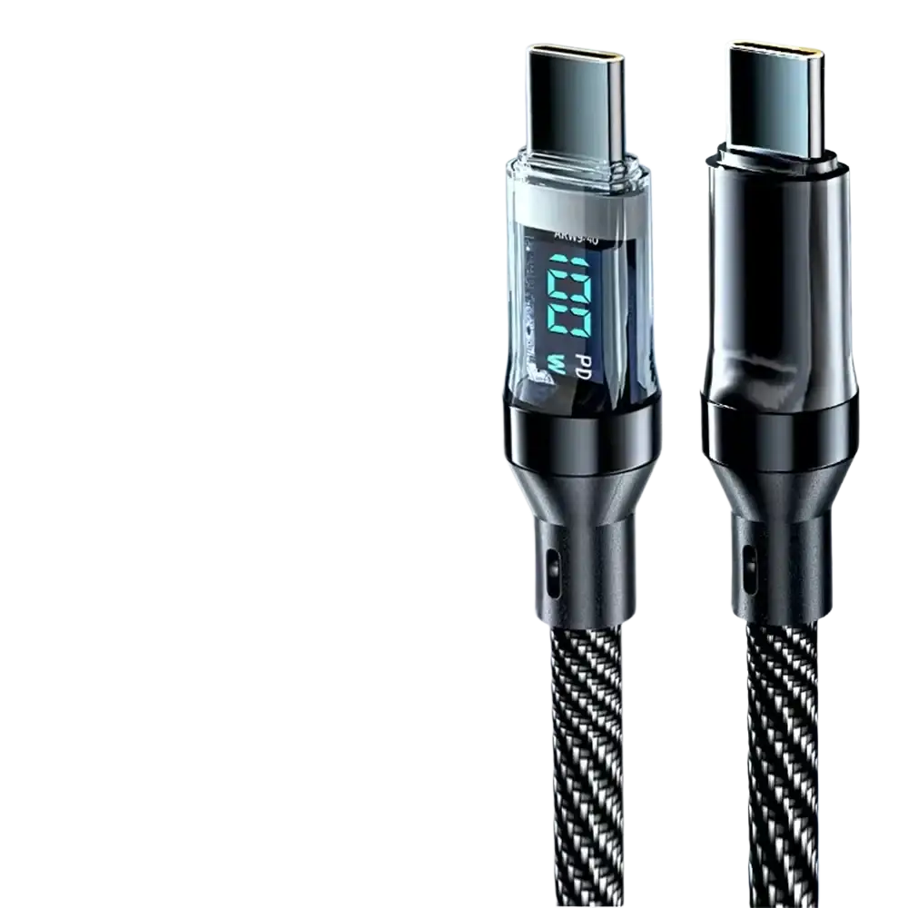 Black braided 120w fast charging usb a to type c cable with digital display showing 100w and pd, featuring metallic connectors