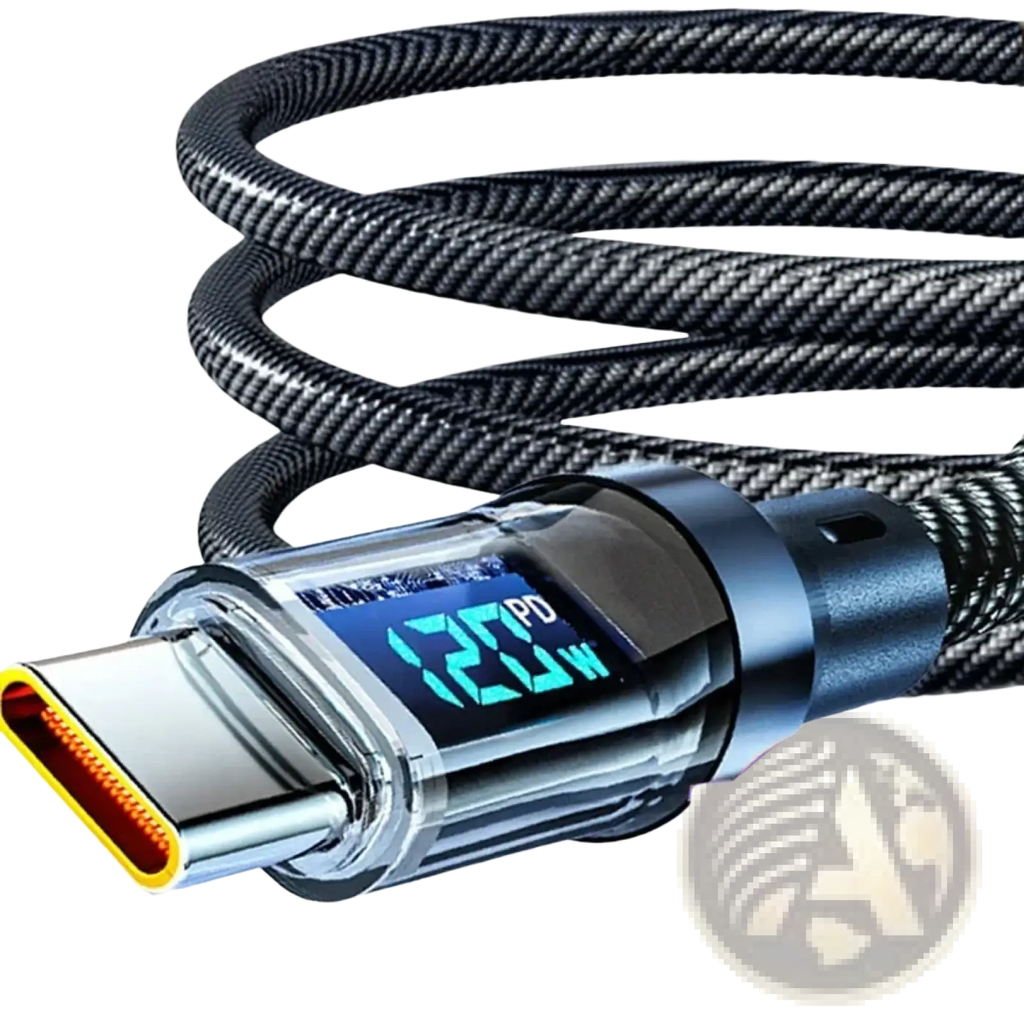 Black braided usb a to type c cable with metallic connector and blue led digital display showing 120w pd fast charging