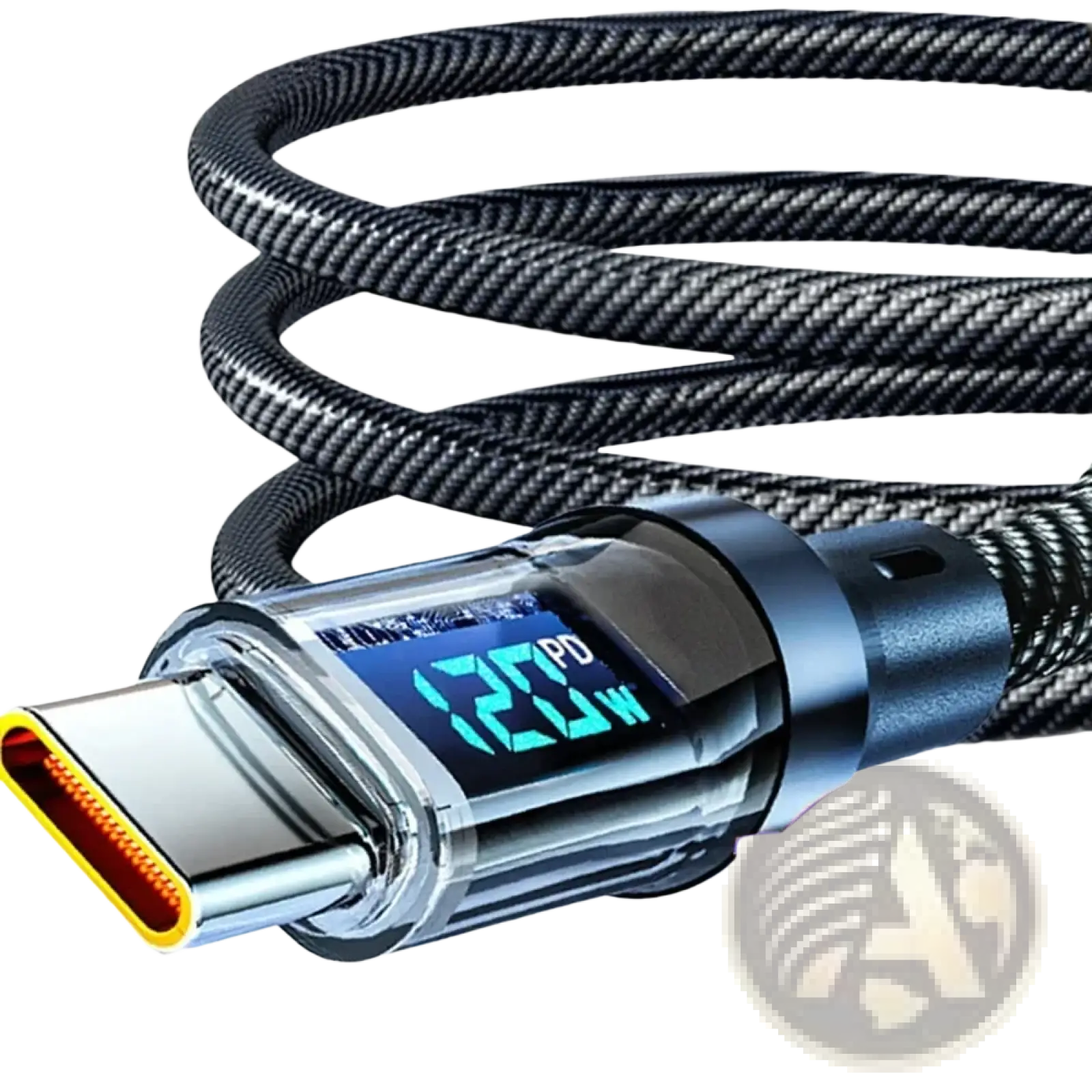 Black braided usb a to type c cable with metallic connector and blue led digital display showing 120w pd fast charging