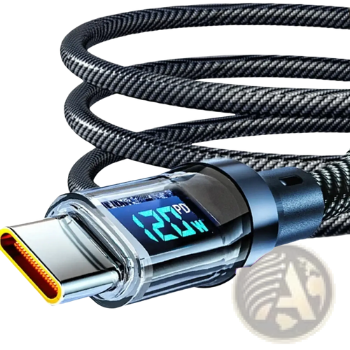 Black braided usb a to type c cable with metallic connector and blue led digital display showing 120w pd fast charging