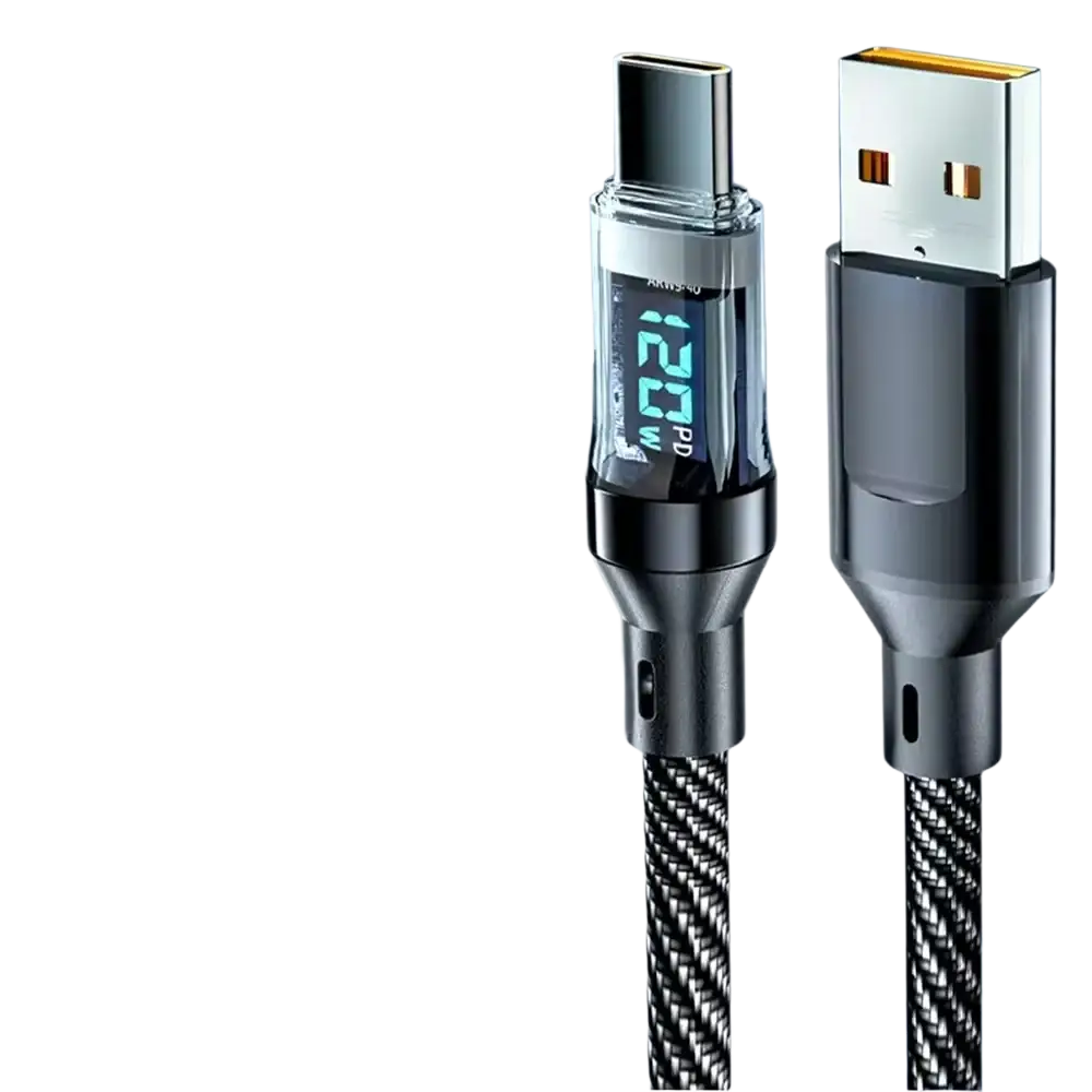 Black and silver 120w fast charging usb a to type c cable with digital display and braided fabric body