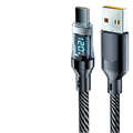 Black and silver 120w fast charging usb a to type c cable with digital display and braided fabric body
