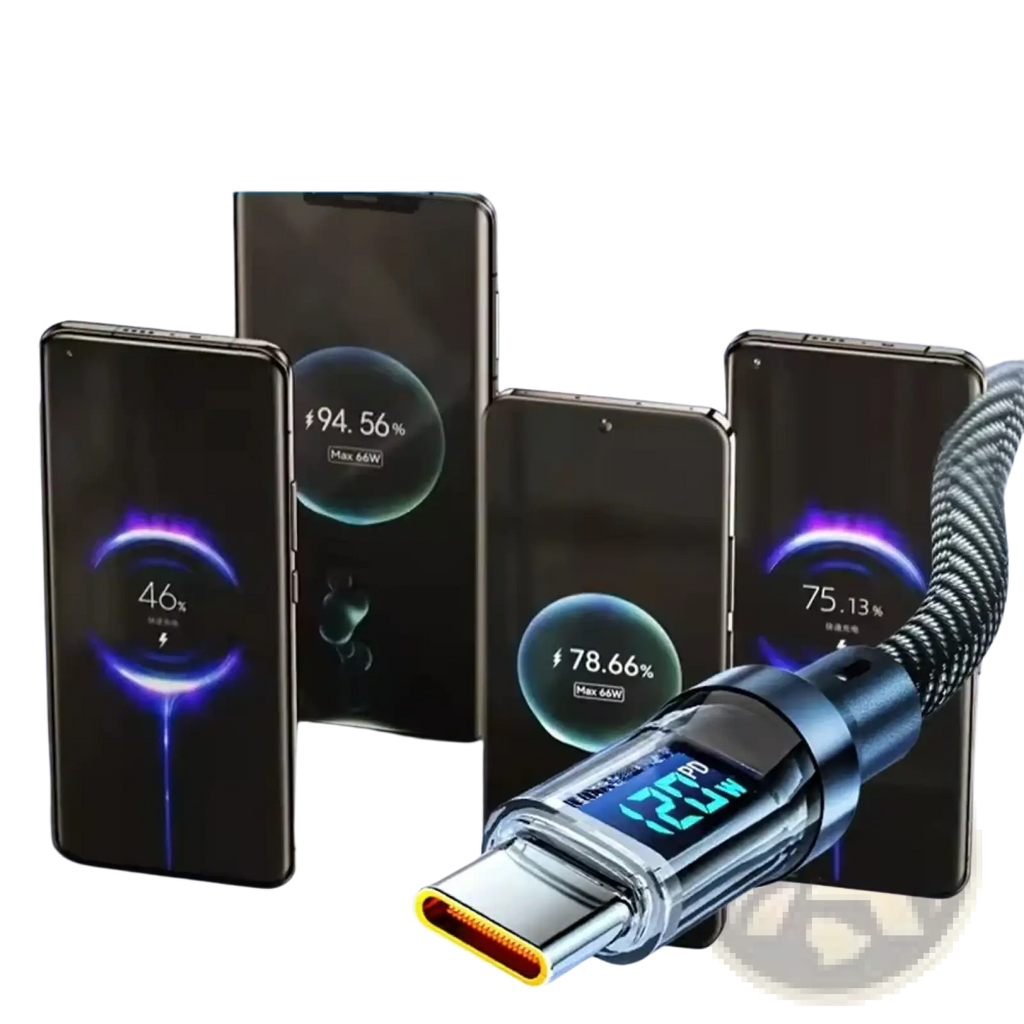 A sleek metallic 120w fast charging usb a to type c cable with digital display showing power output and brand compatibility