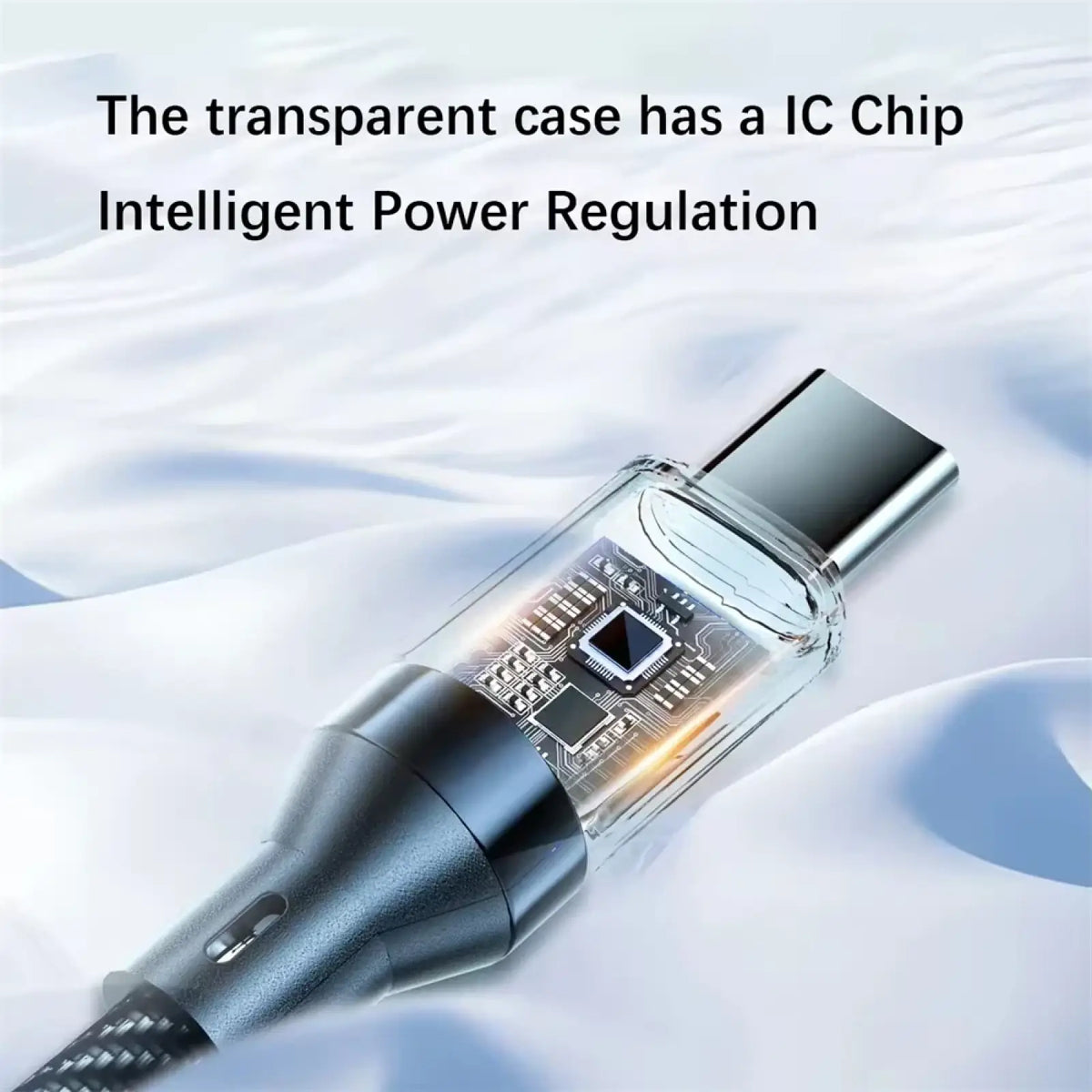 Transparent usb-c cable with black housing and internal ic chip for 120w fast charging and digital display