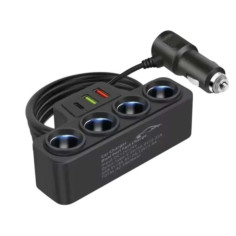 Black 120w multi port fast car charger with dual usb ports three cigarette lighter sockets and colored indicator lights