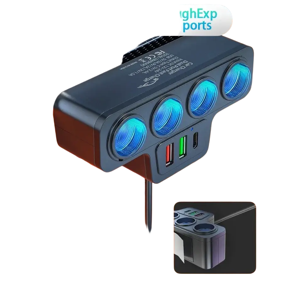 Black 120w multi port fast car charger with three blue-lit cigarette lighter ports and two usb charging slots