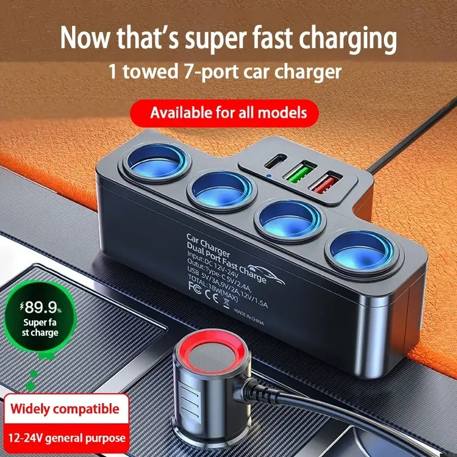 Black 120w multi port fast car charger with dual usb ports and four blue circled cigarette lighter sockets