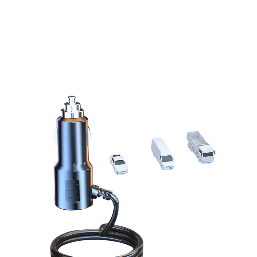 Silver and black 120w multi port fast car charger with coiled cable for 12-24v vehicle systems