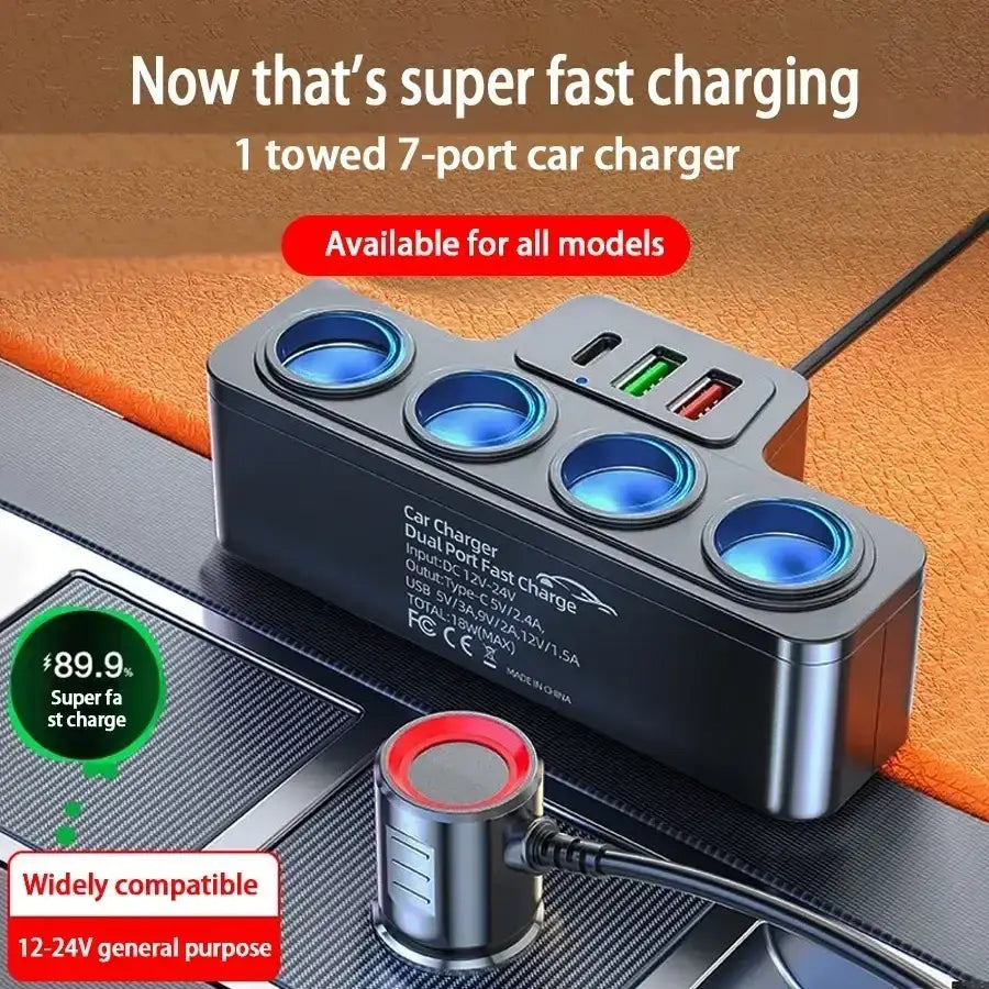 Black 120w multi-port fast charging car charger with dual ports, four cigarette lighter sockets, and three usb ports
