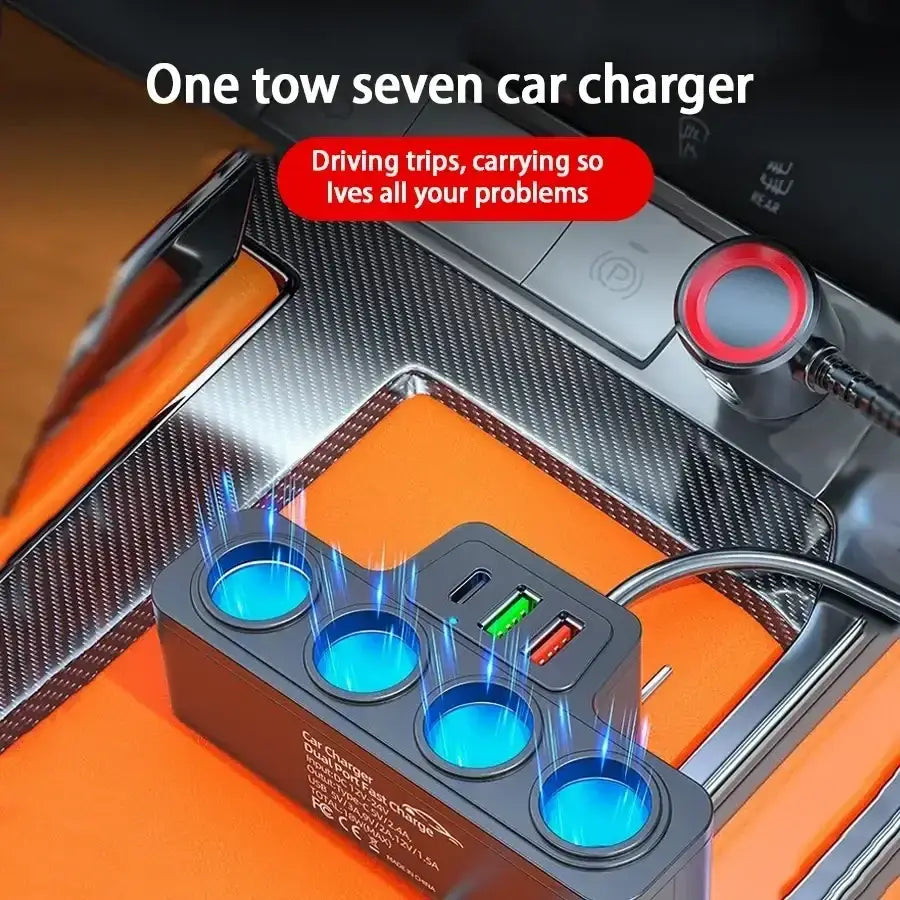 Black plastic 120w multi-port fast charging car charger with four blue ports and two usb slots for fast charging car use