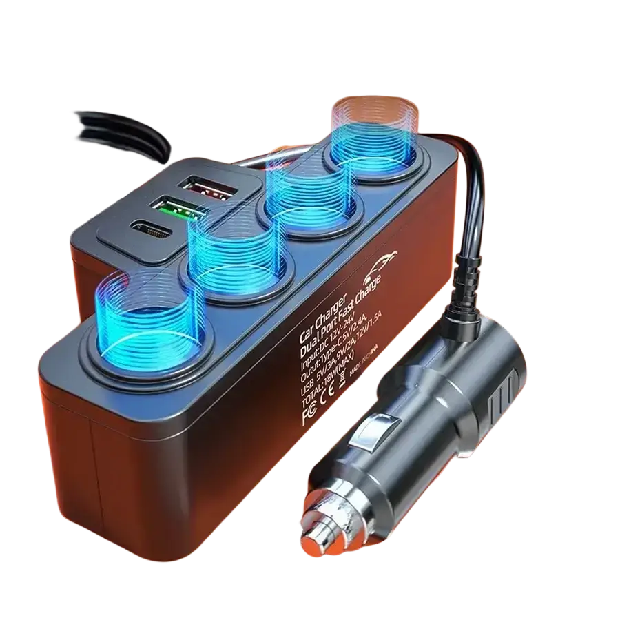 Black and red 120w multi-port fast charging car charger with three blue usb ports one usb-c and silver plug