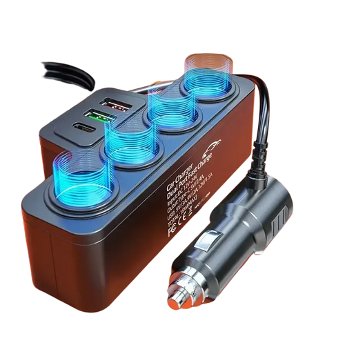 Black and red 120w multi-port fast charging car charger with three blue usb ports one usb-c and silver plug