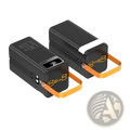 Black rectangular 120w portable power bank 50000mah with orange handles yellow usb ports and digital display showing 100%