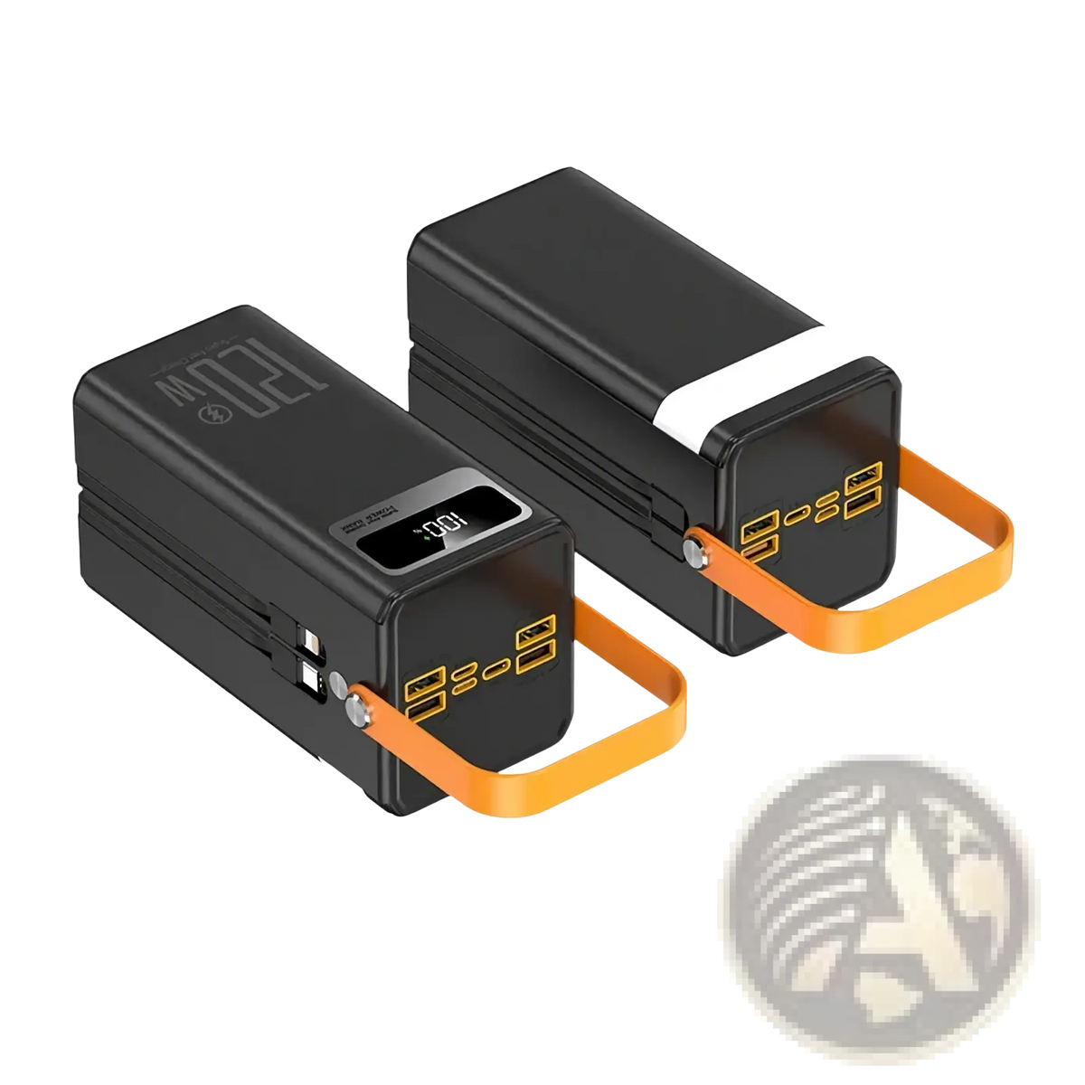 Black rectangular 120w portable power bank 50000mah with orange handles yellow usb ports and digital display showing 100%