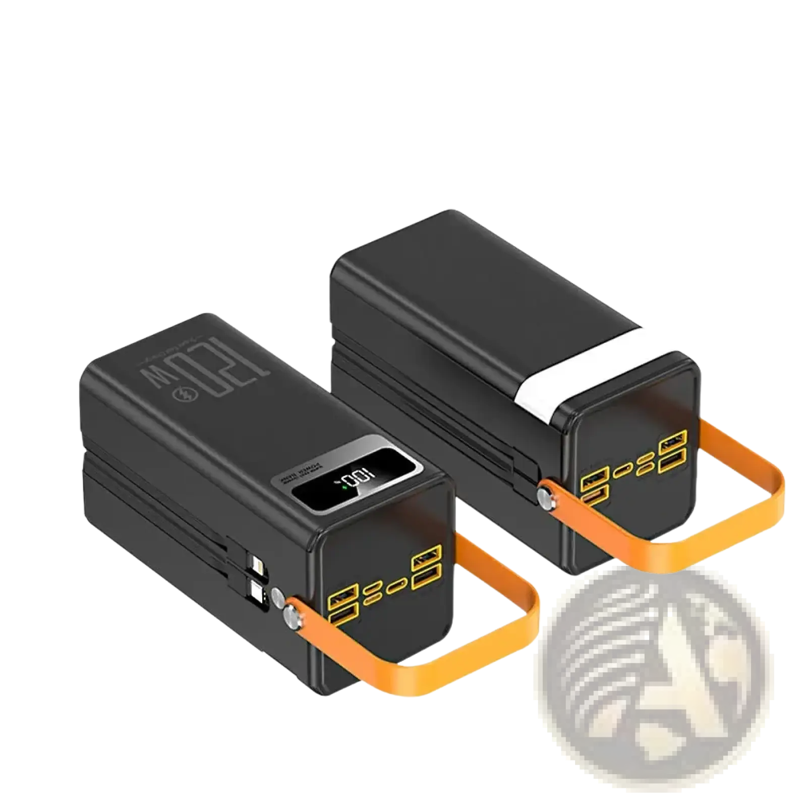 Black rectangular 120w portable power bank 50000mah with orange strap and multiple usb ports fast charger