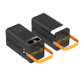Black rectangular 120w portable power bank 50000mah with orange handles yellow usb ports and digital display showing 100%