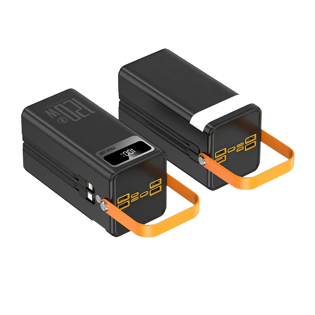 Black rectangular 120w portable power bank 50000mah with orange handles yellow usb ports and digital display showing 100%